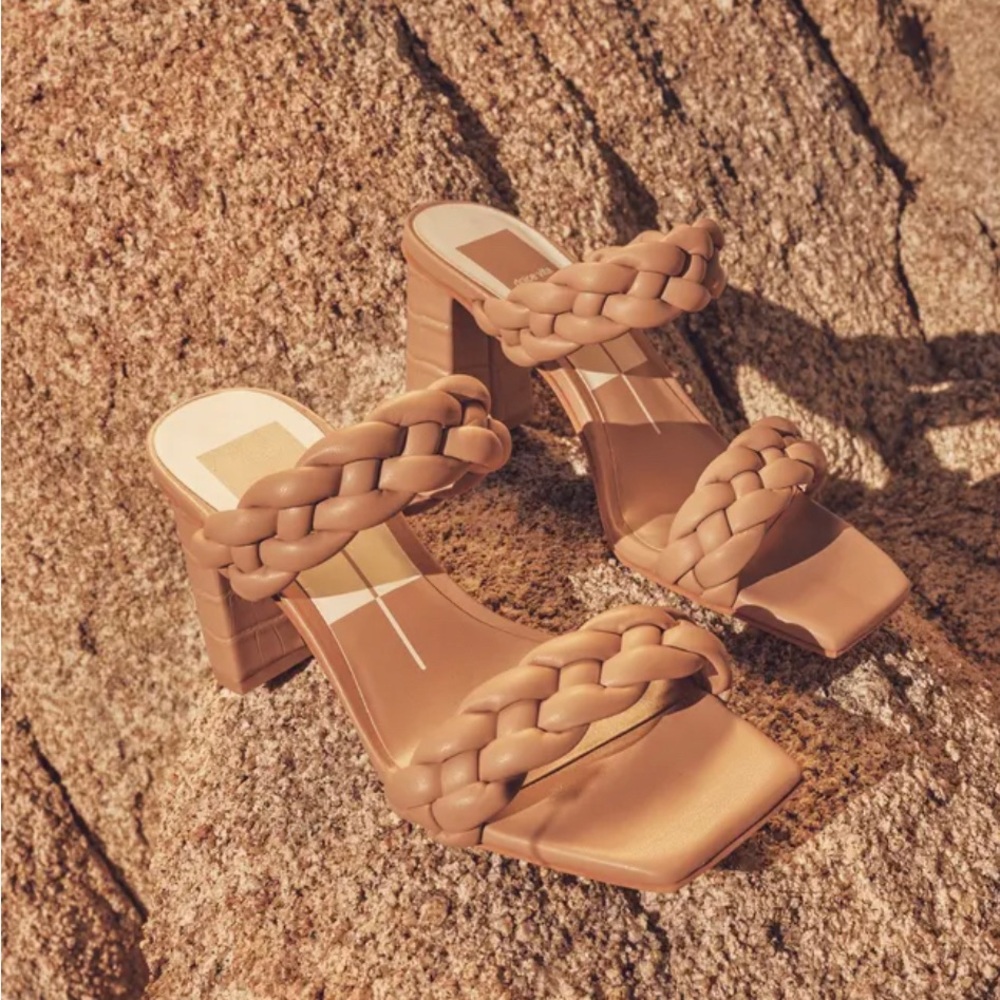 Dolce Vita Braided Tan Croc Print Strappy Block Heels - Picture 2 of 8